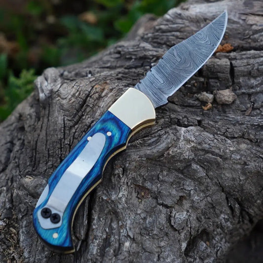 White Hills Knives Handmade Damascus Steel Hunting Folding Knife with Pocket Clip - Camping Folding Blade With Blue Wood Handle WH 1256 - CP - Angler's Pro Tackle & Outdoors