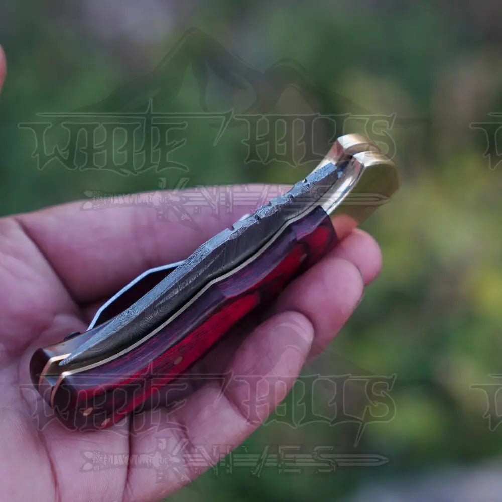 White Hills Knives Handmade Damascus Steel Hunting Folding Knife with Pocket Clip - Camping Folding Blade With Red Wood Handle WH 1255 - CP - Angler's Pro Tackle & Outdoors