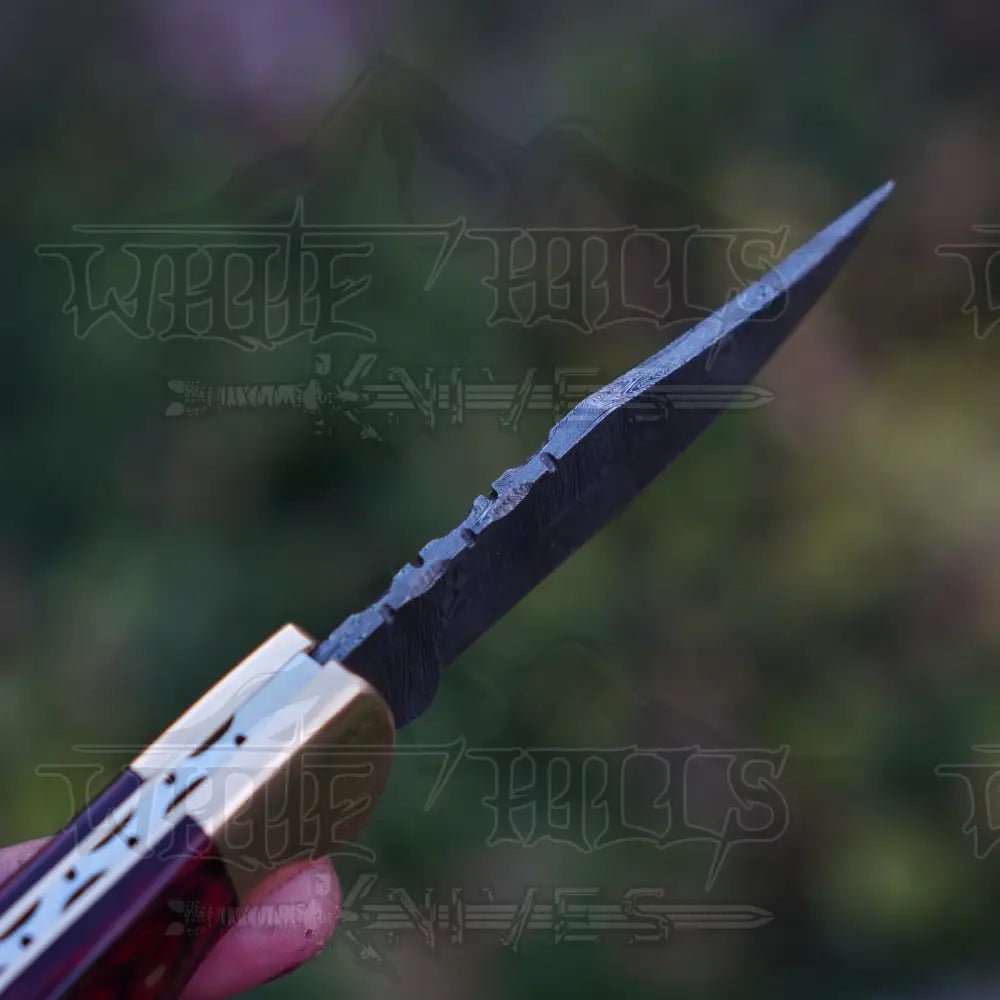 White Hills Knives Handmade Damascus Steel Hunting Folding Knife with Pocket Clip - Camping Folding Blade With Red Wood Handle WH 1255 - CP - Angler's Pro Tackle & Outdoors