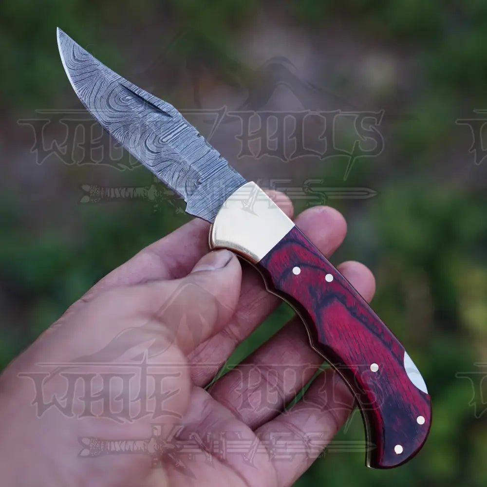 White Hills Knives Handmade Damascus Steel Hunting Folding Knife with Pocket Clip - Camping Folding Blade With Red Wood Handle WH 1255 - CP - Angler's Pro Tackle & Outdoors