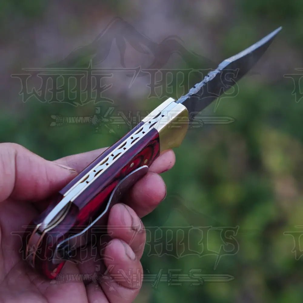 White Hills Knives Handmade Damascus Steel Hunting Folding Knife with Pocket Clip - Camping Folding Blade With Red Wood Handle WH 1255 - CP - Angler's Pro Tackle & Outdoors