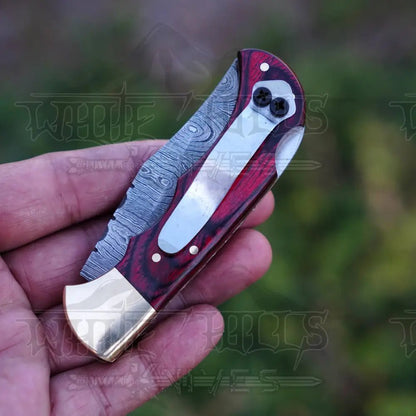 White Hills Knives Handmade Damascus Steel Hunting Folding Knife with Pocket Clip - Camping Folding Blade With Red Wood Handle WH 1255 - CP - Angler's Pro Tackle & Outdoors