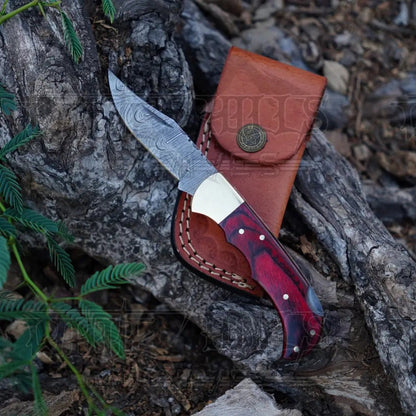 White Hills Knives Handmade Damascus Steel Hunting Folding Knife with Pocket Clip - Camping Folding Blade With Red Wood Handle WH 1255 - CP - Angler's Pro Tackle & Outdoors