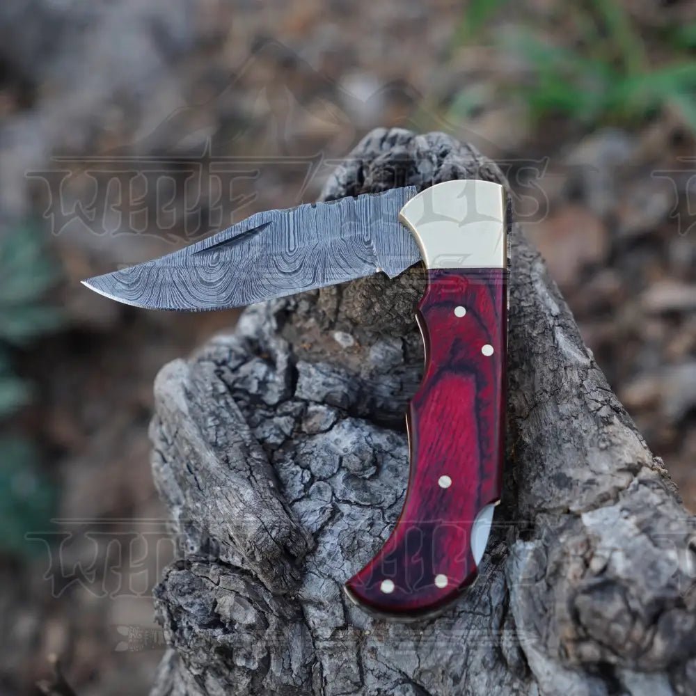 White Hills Knives Handmade Damascus Steel Hunting Folding Knife with Pocket Clip - Camping Folding Blade With Red Wood Handle WH 1255 - CP - Angler's Pro Tackle & Outdoors