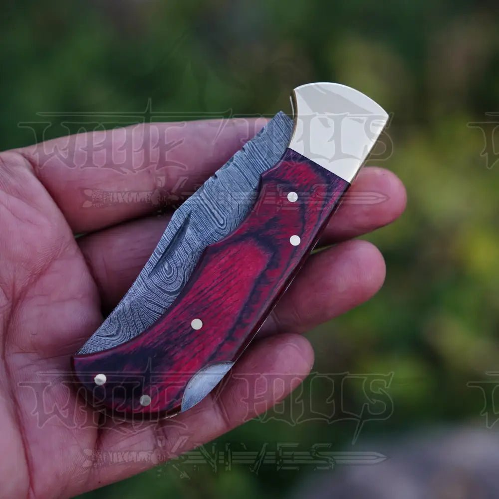 White Hills Knives Handmade Damascus Steel Hunting Folding Knife with Pocket Clip - Camping Folding Blade With Red Wood Handle WH 1255 - CP - Angler's Pro Tackle & Outdoors