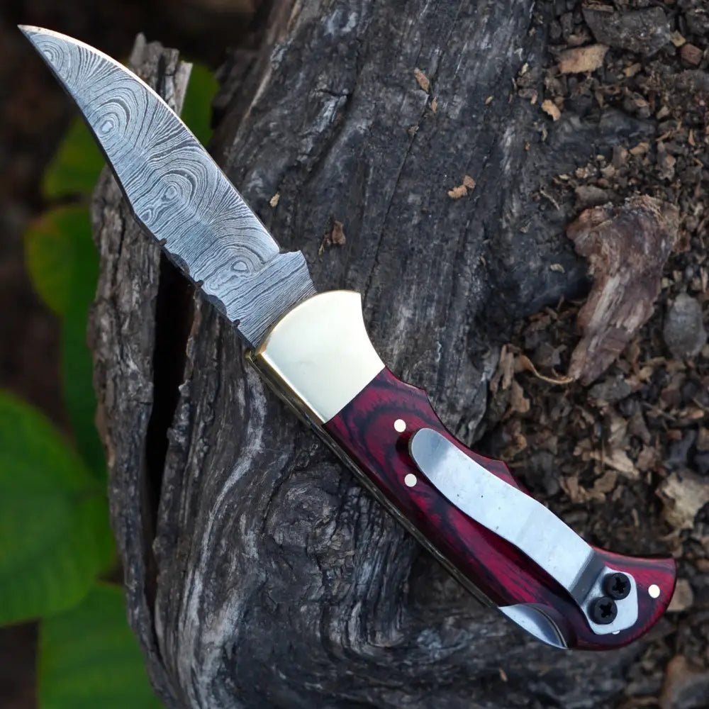 White Hills Knives Handmade Damascus Steel Hunting Folding Knife with Pocket Clip - Camping Folding Blade With Red Wood Handle WH 1255 - CP - Angler's Pro Tackle & Outdoors