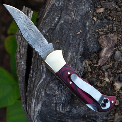 White Hills Knives Handmade Damascus Steel Hunting Folding Knife with Pocket Clip - Camping Folding Blade With Red Wood Handle WH 1255 - CP - Angler's Pro Tackle & Outdoors