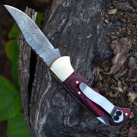 White Hills Knives Handmade Damascus Steel Hunting Folding Knife with Pocket Clip - Camping Folding Blade With Red Wood Handle WH 1255 - CP - Angler's Pro Tackle & Outdoors