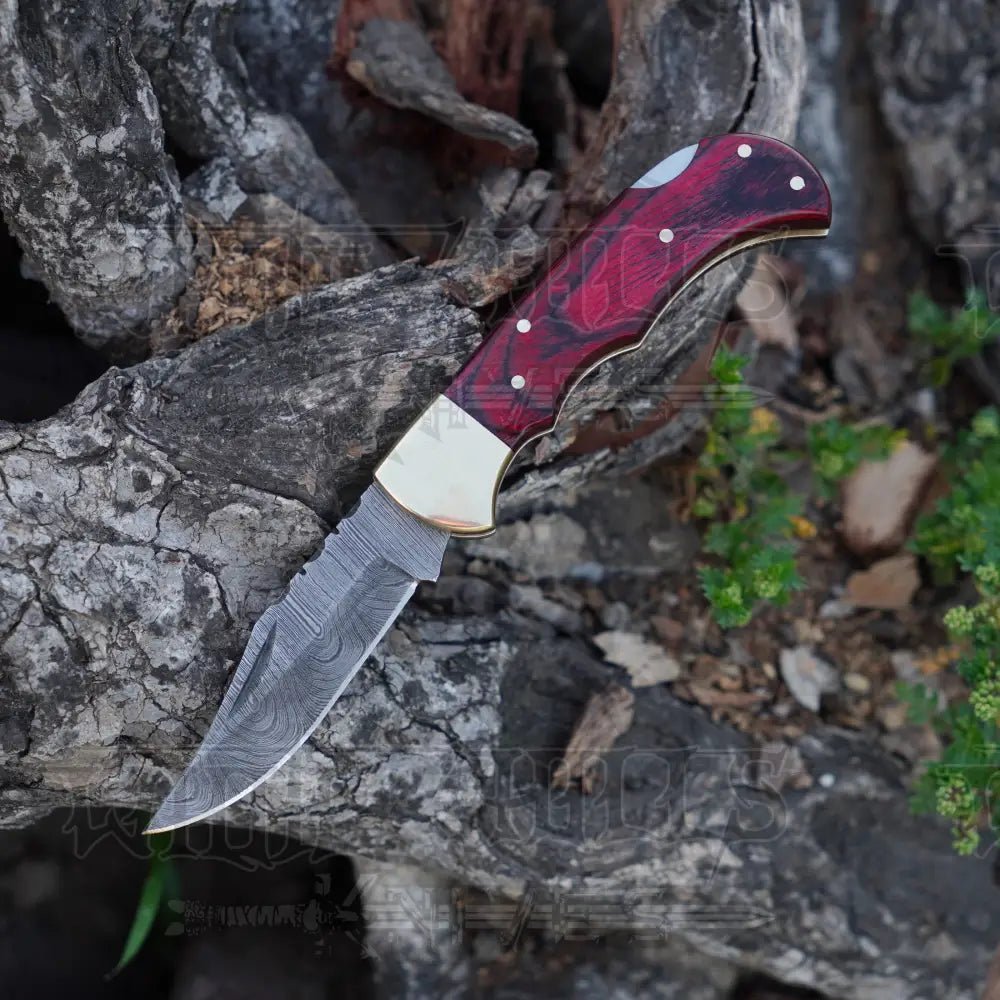 White Hills Knives Handmade Damascus Steel Hunting Folding Knife with Pocket Clip - Camping Folding Blade With Red Wood Handle WH 1255 - CP - Angler's Pro Tackle & Outdoors