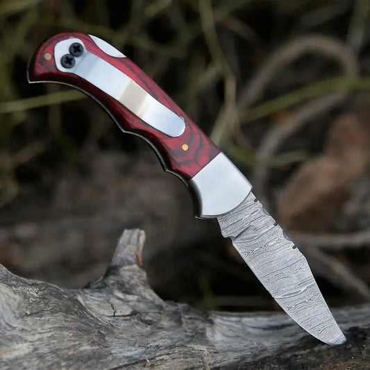 White Hills Knives Handmade Damascus Steel Hunting Folding Knife with Pocket Clip - Camping Folding Blade With Wood Handle AR - CP - Angler's Pro Tackle & Outdoors