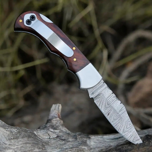 White Hills Knives Handmade Damascus Steel Hunting Folding Knife with Pocket Clip - Camping Folding Blade With Wood Handle AT - CP - Angler's Pro Tackle & Outdoors