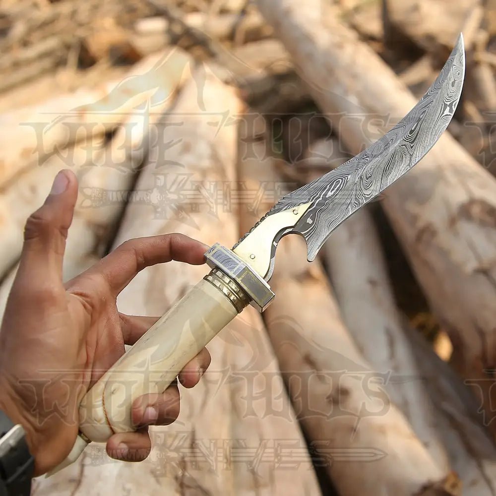 White Hills Knives HANDMADE DAMASCUS STEEL HUNTING KNIFE - 15" Damascus Hunting KNIFE - Camel Bone Handle - Angler's Pro Tackle & Outdoors