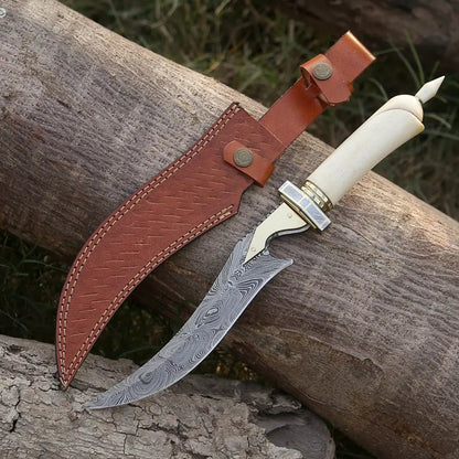 White Hills Knives HANDMADE DAMASCUS STEEL HUNTING KNIFE - 15" Damascus Hunting KNIFE - Camel Bone Handle - Angler's Pro Tackle & Outdoors