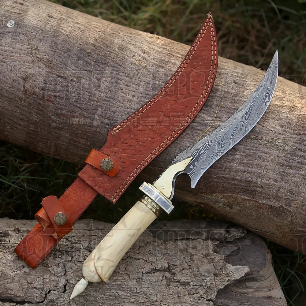 White Hills Knives HANDMADE DAMASCUS STEEL HUNTING KNIFE - 15" Damascus Hunting KNIFE - Camel Bone Handle - Angler's Pro Tackle & Outdoors