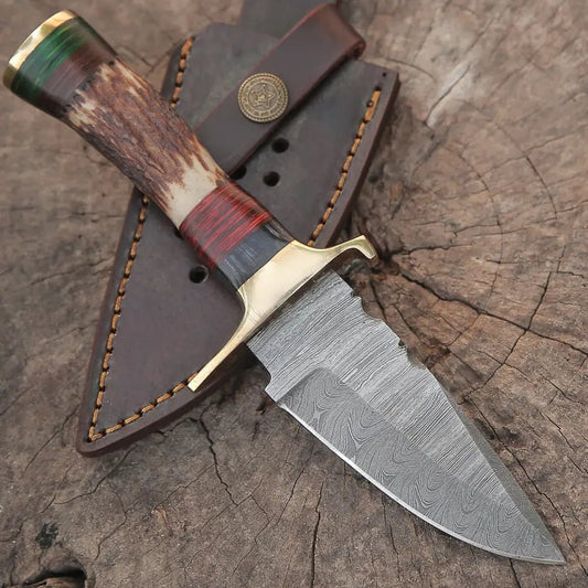 White Hills Knives Handmade Damascus Steel Hunting Knife Stag Handle & Brass Bolsters with Leather Sheath - Angler's Pro Tackle & Outdoors