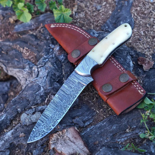 White Hills Knives Handmade Damascus Steel Hunting Knife with Damascus Bolster & Camel Bone Handle - Angler's Pro Tackle & Outdoors