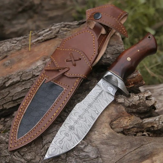 White Hills Knives Handmade Damascus Steel Hunting Knife With Rose Wood Handle - Angler's Pro Tackle & Outdoors