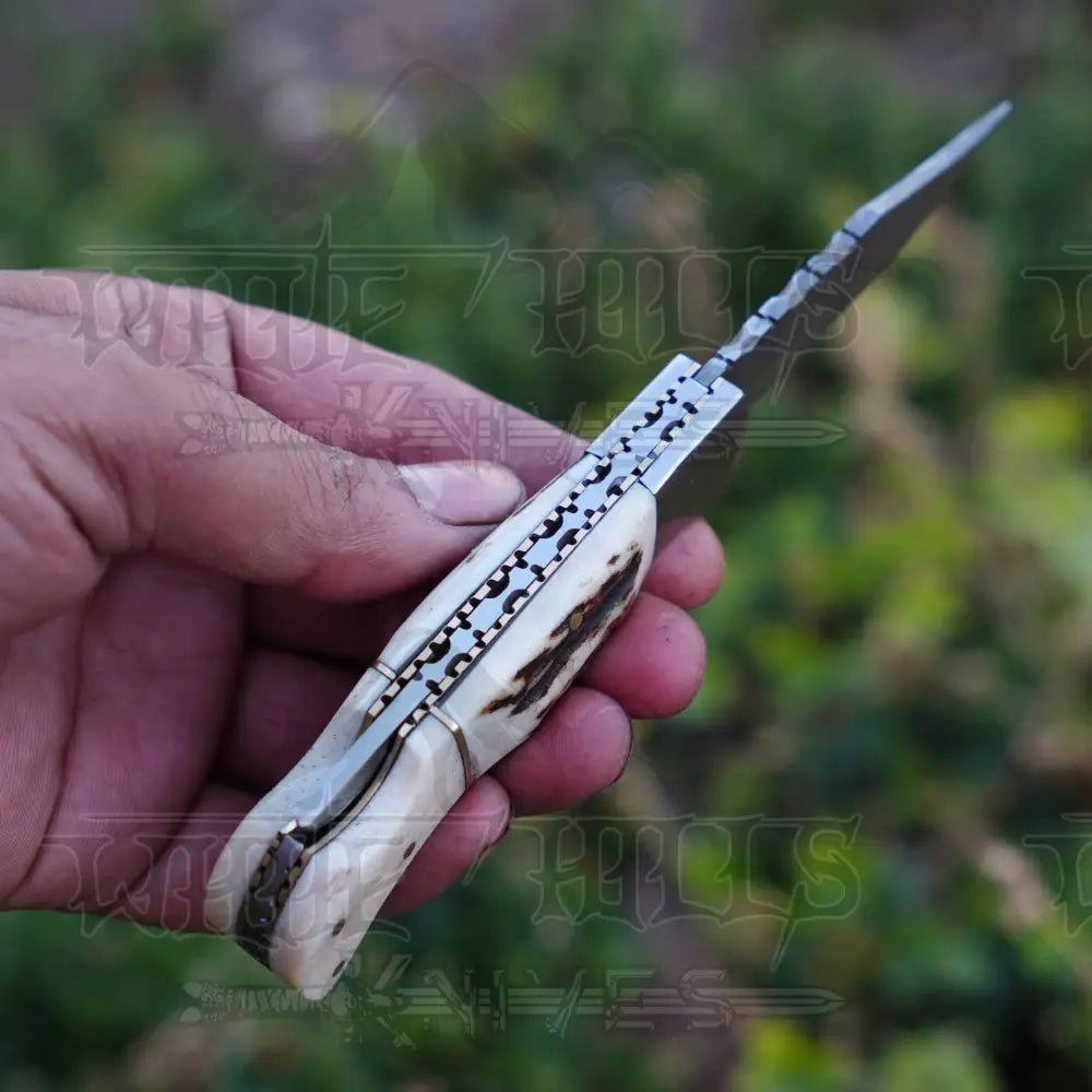 White Hills Knives Handmade Damascus Steel Hunting Pocket Folding Knife with Pocket Clip - Camping Folding Blade With Bone & Wood Handle WH 3986 - CP - Angler's Pro Tackle & Outdoors