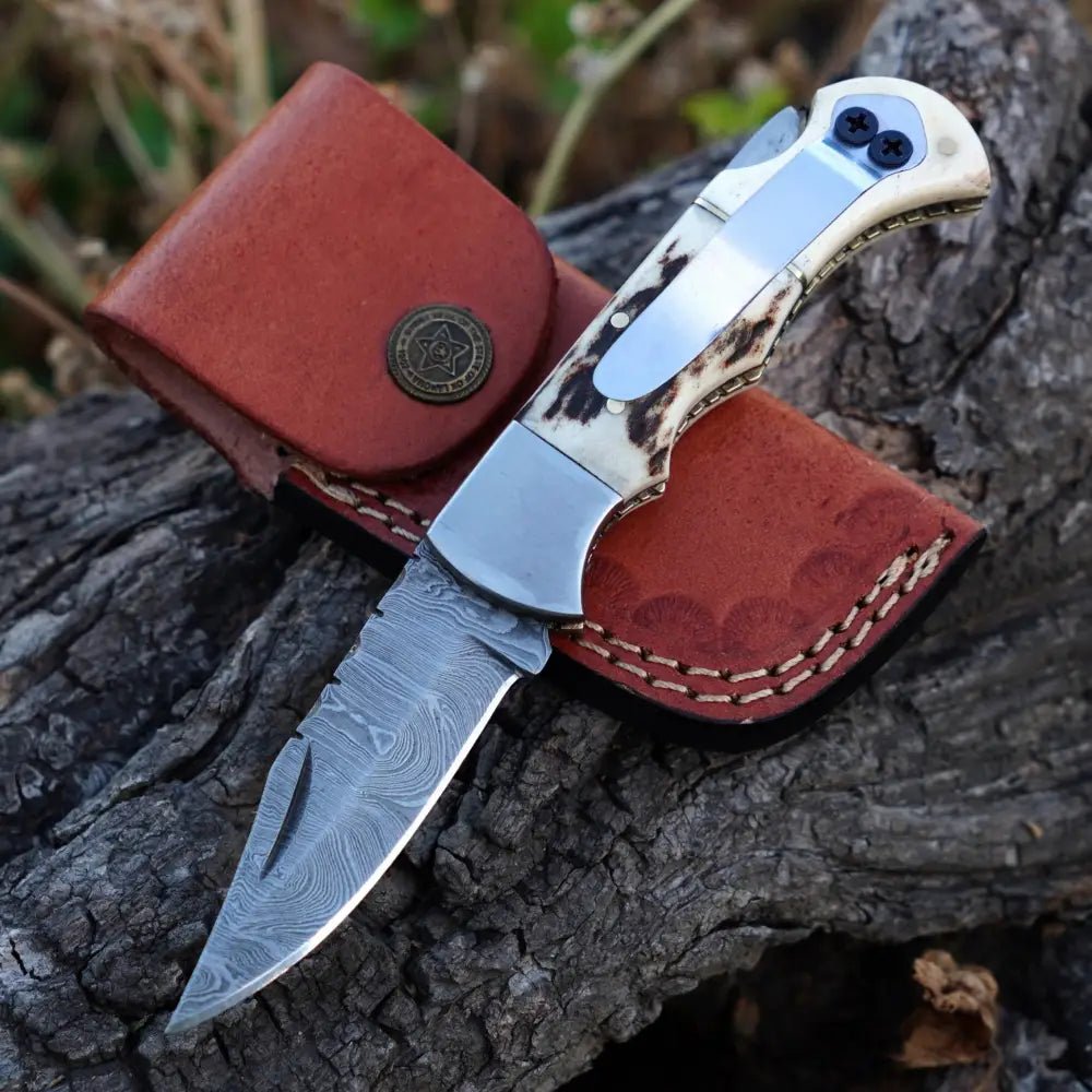 White Hills Knives Handmade Damascus Steel Hunting Pocket Folding Knife with Pocket Clip - Camping Folding Blade With Bone & Wood Handle WH 3986 - CP - Angler's Pro Tackle & Outdoors