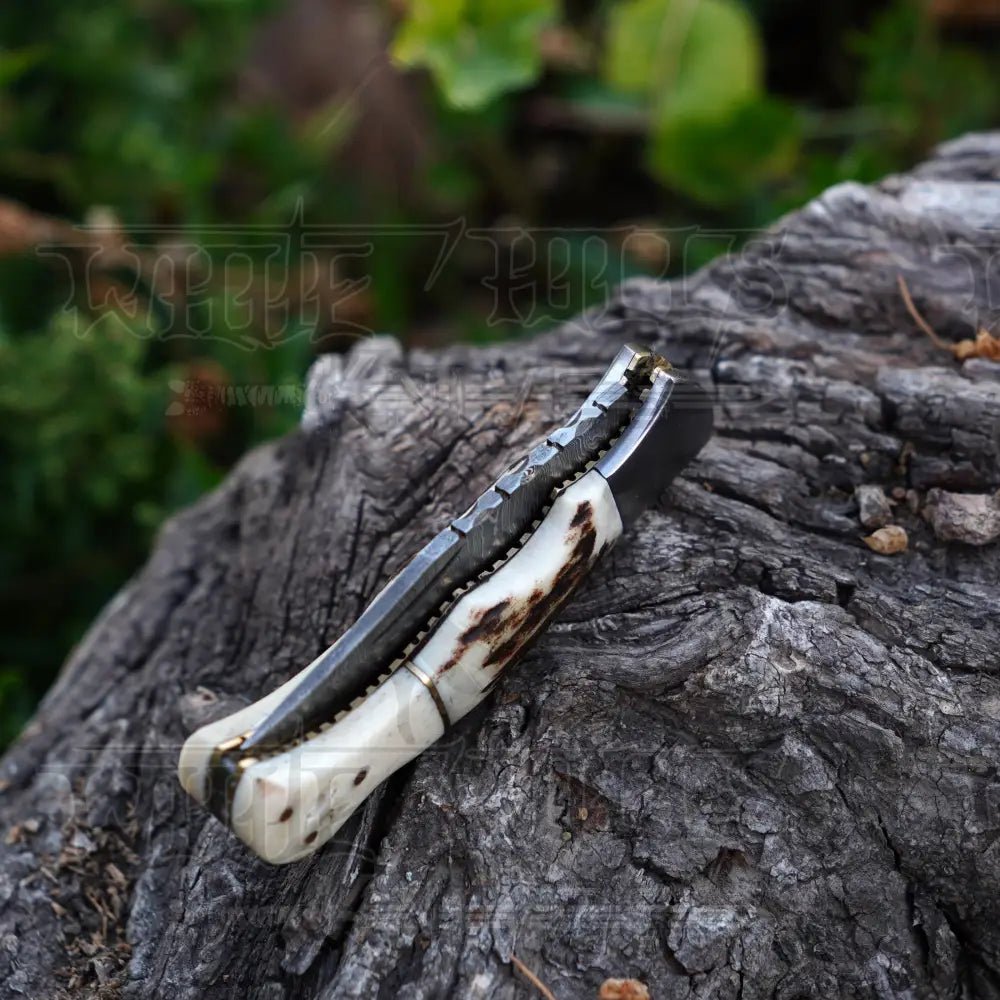 White Hills Knives Handmade Damascus Steel Hunting Pocket Folding Knife with Pocket Clip - Camping Folding Blade With Bone & Wood Handle WH 3986 - CP - Angler's Pro Tackle & Outdoors