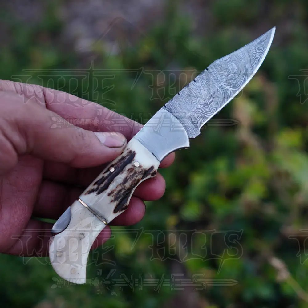 White Hills Knives Handmade Damascus Steel Hunting Pocket Folding Knife with Pocket Clip - Camping Folding Blade With Bone & Wood Handle WH 3986 - CP - Angler's Pro Tackle & Outdoors