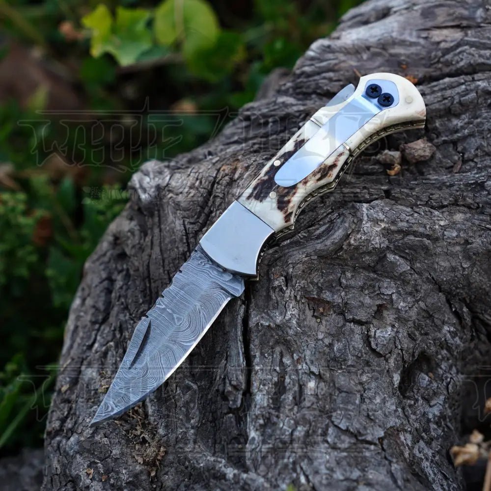 White Hills Knives Handmade Damascus Steel Hunting Pocket Folding Knife with Pocket Clip - Camping Folding Blade With Bone & Wood Handle WH 3986 - CP - Angler's Pro Tackle & Outdoors