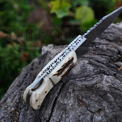 White Hills Knives Handmade Damascus Steel Hunting Pocket Folding Knife with Pocket Clip - Camping Folding Blade With Bone & Wood Handle WH 3986 - CP - Angler's Pro Tackle & Outdoors