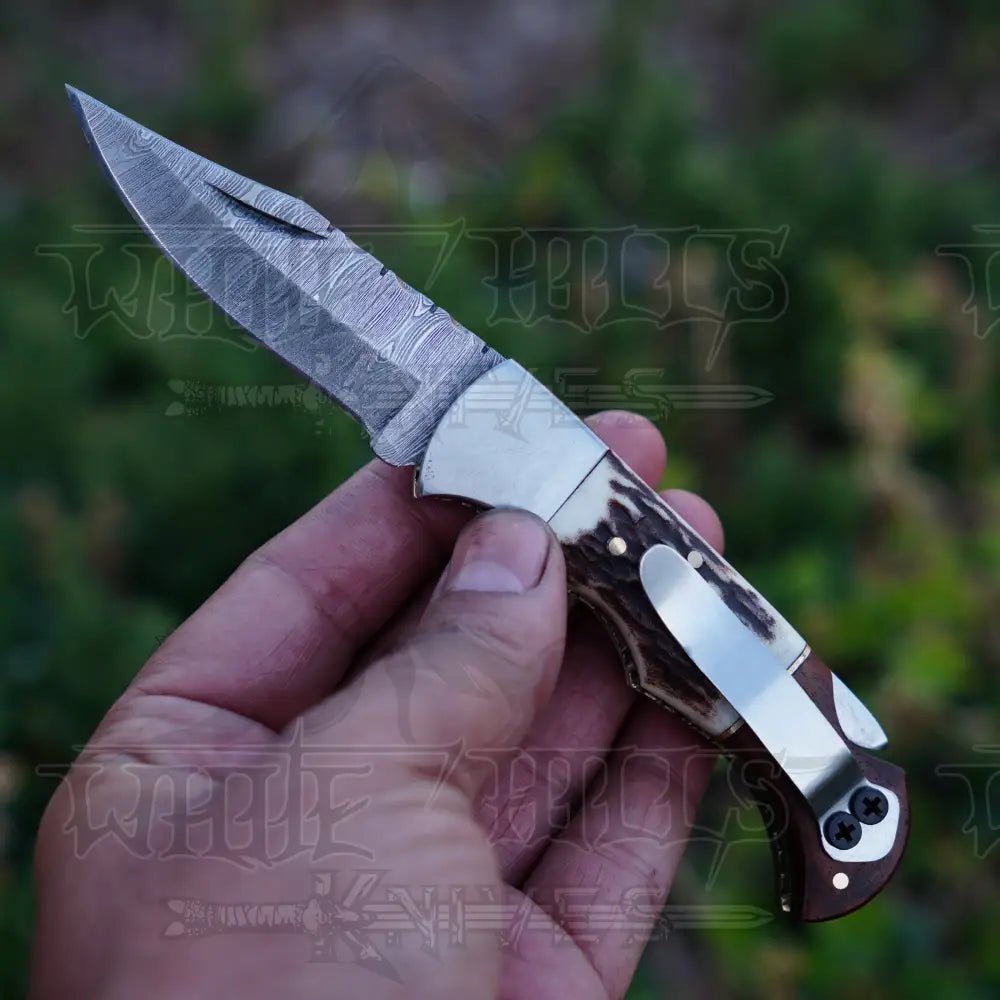 White Hills Knives Handmade Damascus Steel Hunting Pocket Folding Knife with Pocket Clip - Camping Folding Blade With Stag & Wood Handle WH 3985 - CP - Angler's Pro Tackle & Outdoors