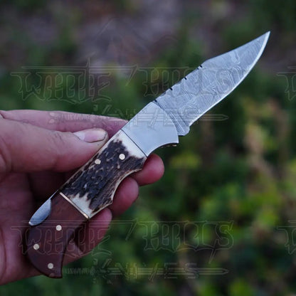 White Hills Knives Handmade Damascus Steel Hunting Pocket Folding Knife with Pocket Clip - Camping Folding Blade With Stag & Wood Handle WH 3985 - CP - Angler's Pro Tackle & Outdoors
