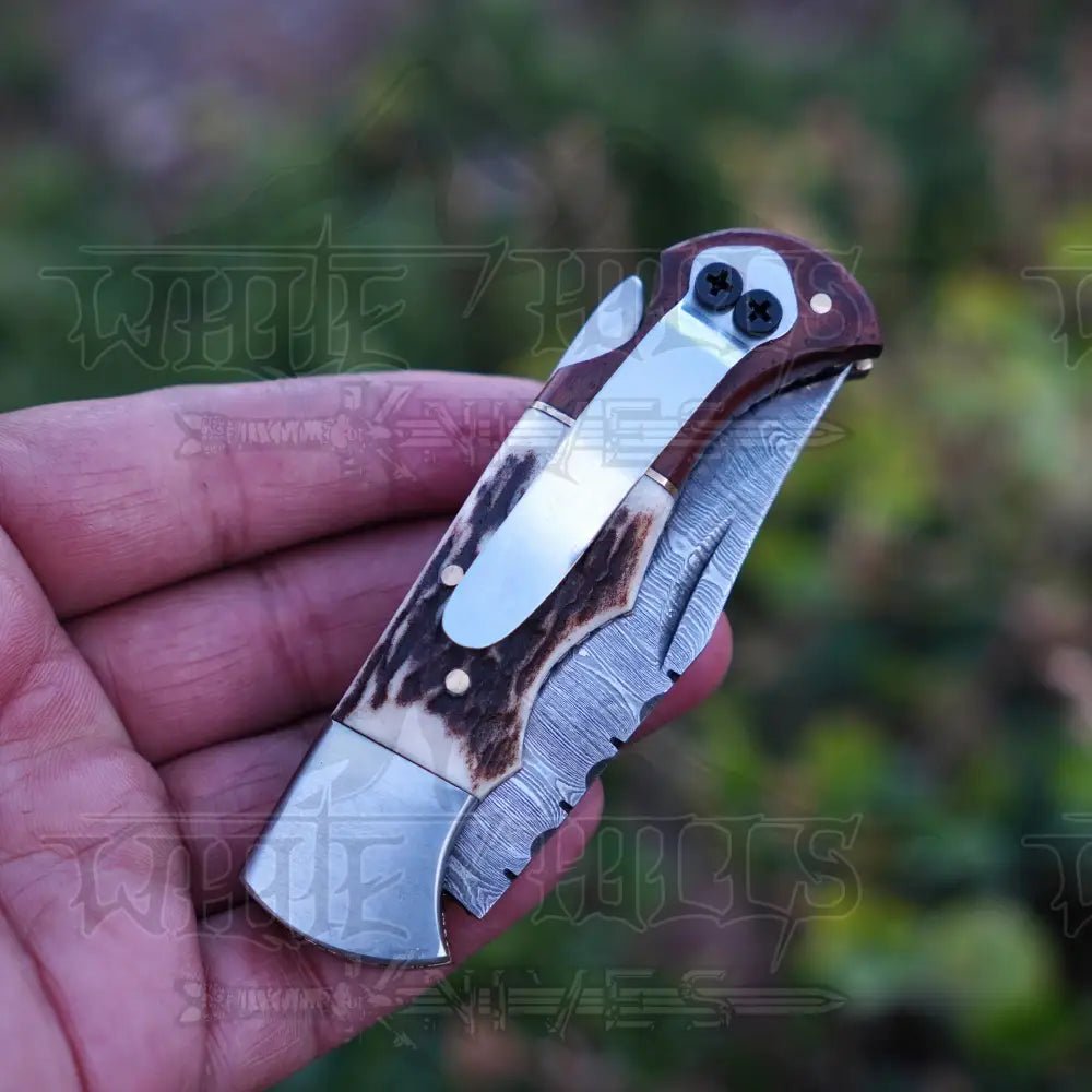 White Hills Knives Handmade Damascus Steel Hunting Pocket Folding Knife with Pocket Clip - Camping Folding Blade With Stag & Wood Handle WH 3985 - CP - Angler's Pro Tackle & Outdoors