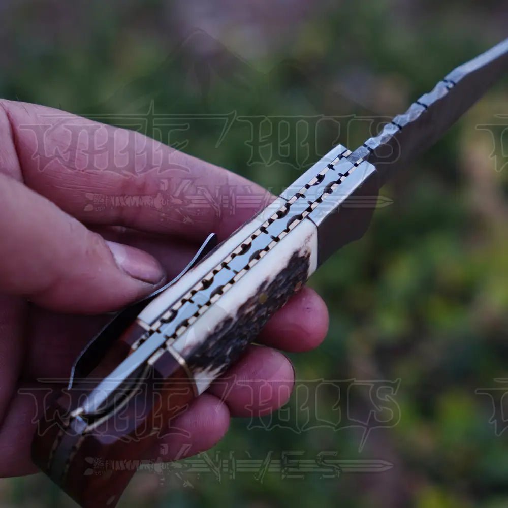 White Hills Knives Handmade Damascus Steel Hunting Pocket Folding Knife with Pocket Clip - Camping Folding Blade With Stag & Wood Handle WH 3985 - CP - Angler's Pro Tackle & Outdoors