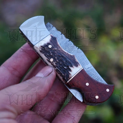 White Hills Knives Handmade Damascus Steel Hunting Pocket Folding Knife with Pocket Clip - Camping Folding Blade With Stag & Wood Handle WH 3985 - CP - Angler's Pro Tackle & Outdoors