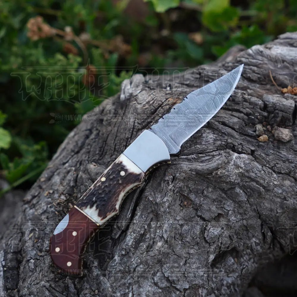 White Hills Knives Handmade Damascus Steel Hunting Pocket Folding Knife with Pocket Clip - Camping Folding Blade With Stag & Wood Handle WH 3985 - CP - Angler's Pro Tackle & Outdoors