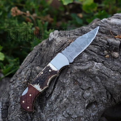 White Hills Knives Handmade Damascus Steel Hunting Pocket Folding Knife with Pocket Clip - Camping Folding Blade With Stag & Wood Handle WH 3985 - CP - Angler's Pro Tackle & Outdoors