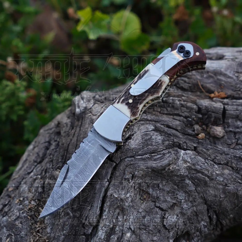 White Hills Knives Handmade Damascus Steel Hunting Pocket Folding Knife with Pocket Clip - Camping Folding Blade With Stag & Wood Handle WH 3985 - CP - Angler's Pro Tackle & Outdoors