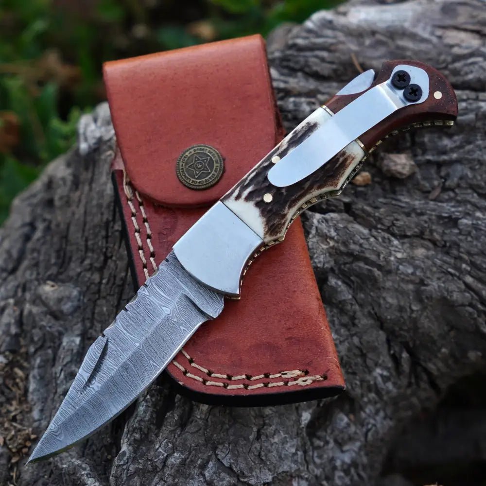 White Hills Knives Handmade Damascus Steel Hunting Pocket Folding Knife with Pocket Clip - Camping Folding Blade With Stag & Wood Handle WH 3985 - CP - Angler's Pro Tackle & Outdoors