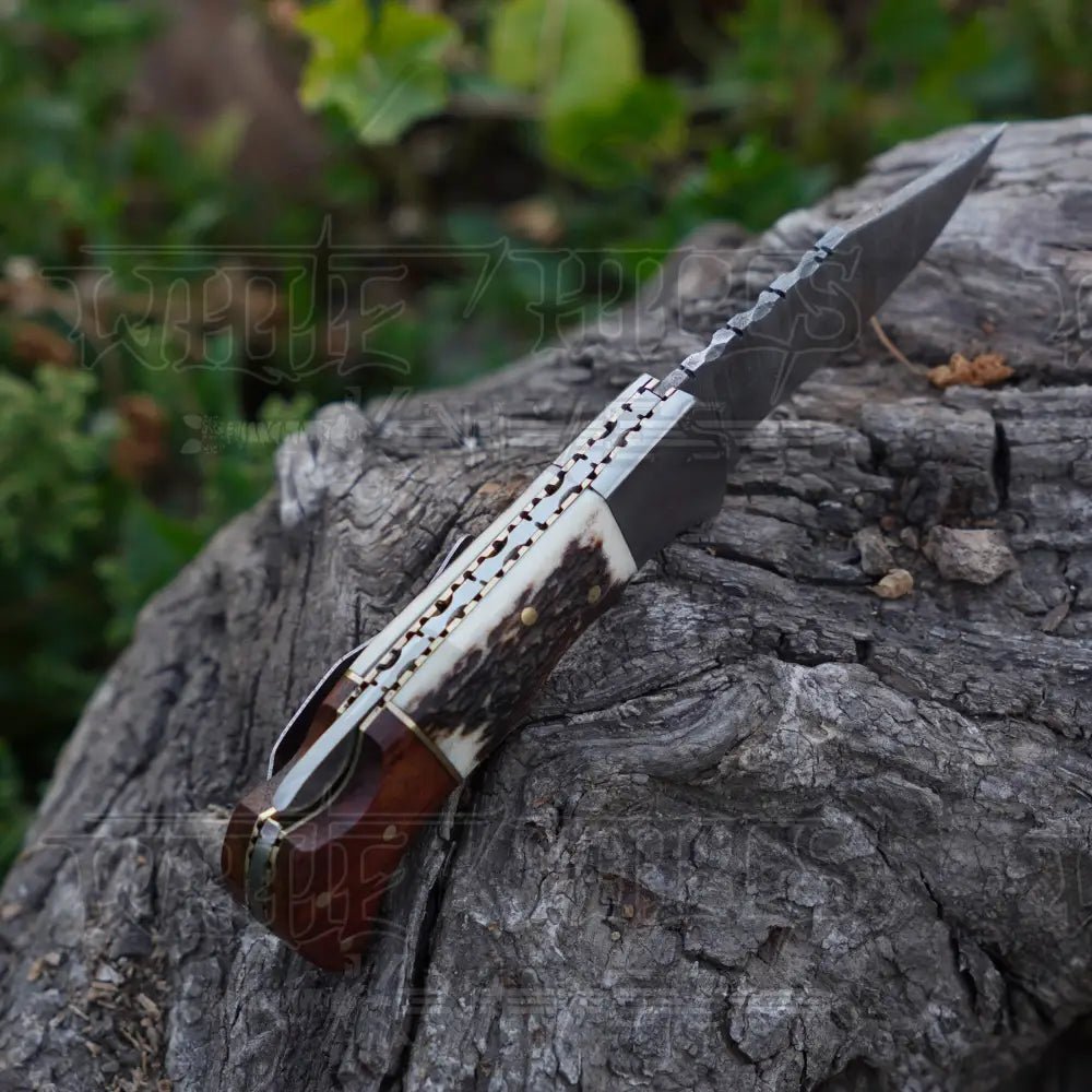 White Hills Knives Handmade Damascus Steel Hunting Pocket Folding Knife with Pocket Clip - Camping Folding Blade With Stag & Wood Handle WH 3985 - CP - Angler's Pro Tackle & Outdoors