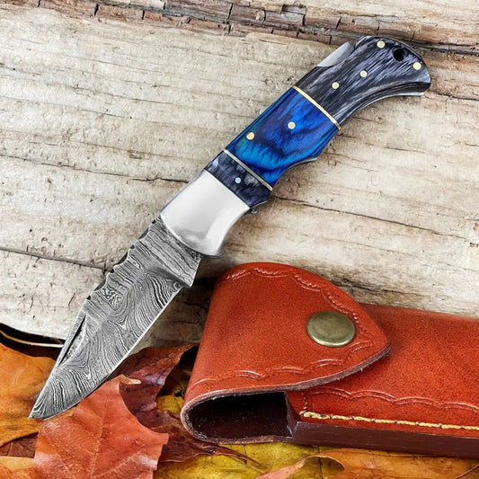 White Hills Knives Handmade Damascus Steel Hunting Pocket Knife Camping Folding Blade With Black & Blue Wood Handle WH 4392 - Angler's Pro Tackle & Outdoors