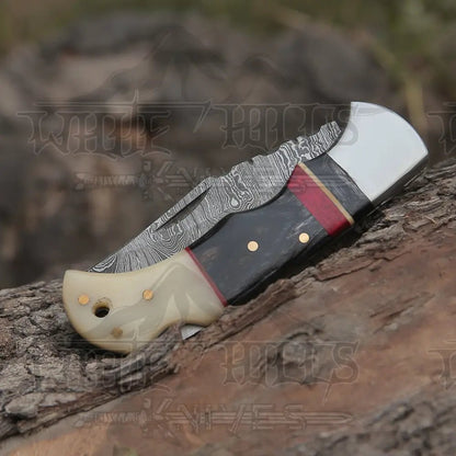 White Hills Knives Handmade Damascus Steel Hunting Pocket Knife Camping Folding Blade With Camel Bone & Wood Handle - Angler's Pro Tackle & Outdoors