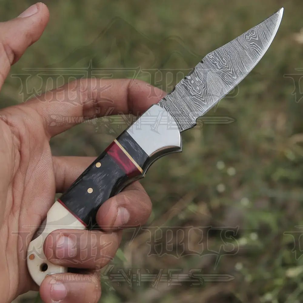 White Hills Knives Handmade Damascus Steel Hunting Pocket Knife Camping Folding Blade With Camel Bone & Wood Handle - Angler's Pro Tackle & Outdoors