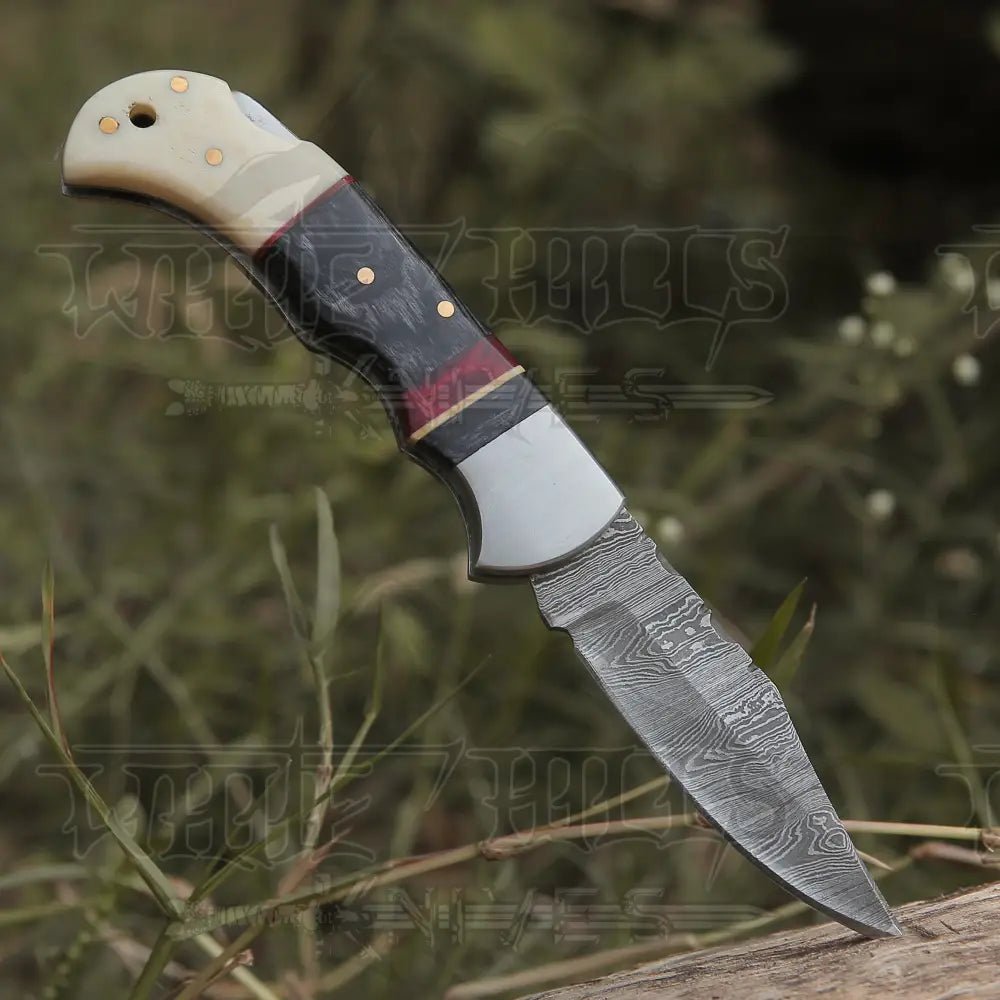 White Hills Knives Handmade Damascus Steel Hunting Pocket Knife Camping Folding Blade With Camel Bone & Wood Handle - Angler's Pro Tackle & Outdoors