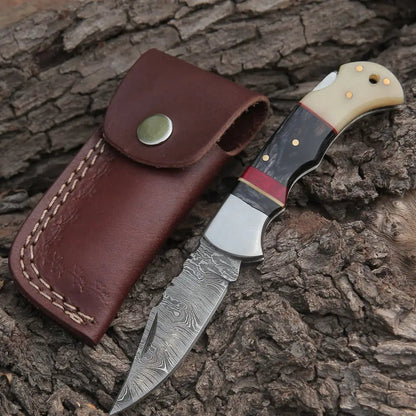 White Hills Knives Handmade Damascus Steel Hunting Pocket Knife Camping Folding Blade With Camel Bone & Wood Handle - Angler's Pro Tackle & Outdoors