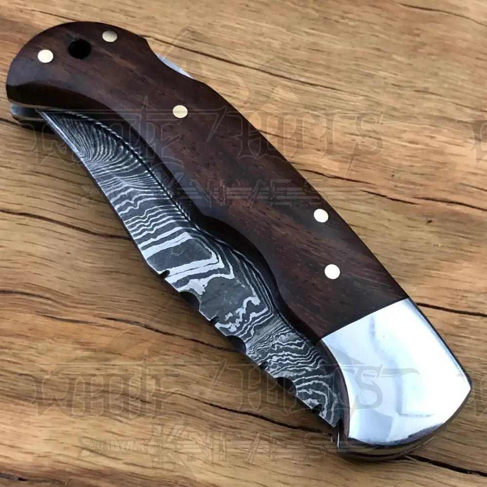 White Hills Knives Handmade Damascus Steel Hunting Pocket Knife Camping Folding Blade With Wood Handle WH 4381 - Angler's Pro Tackle & Outdoors
