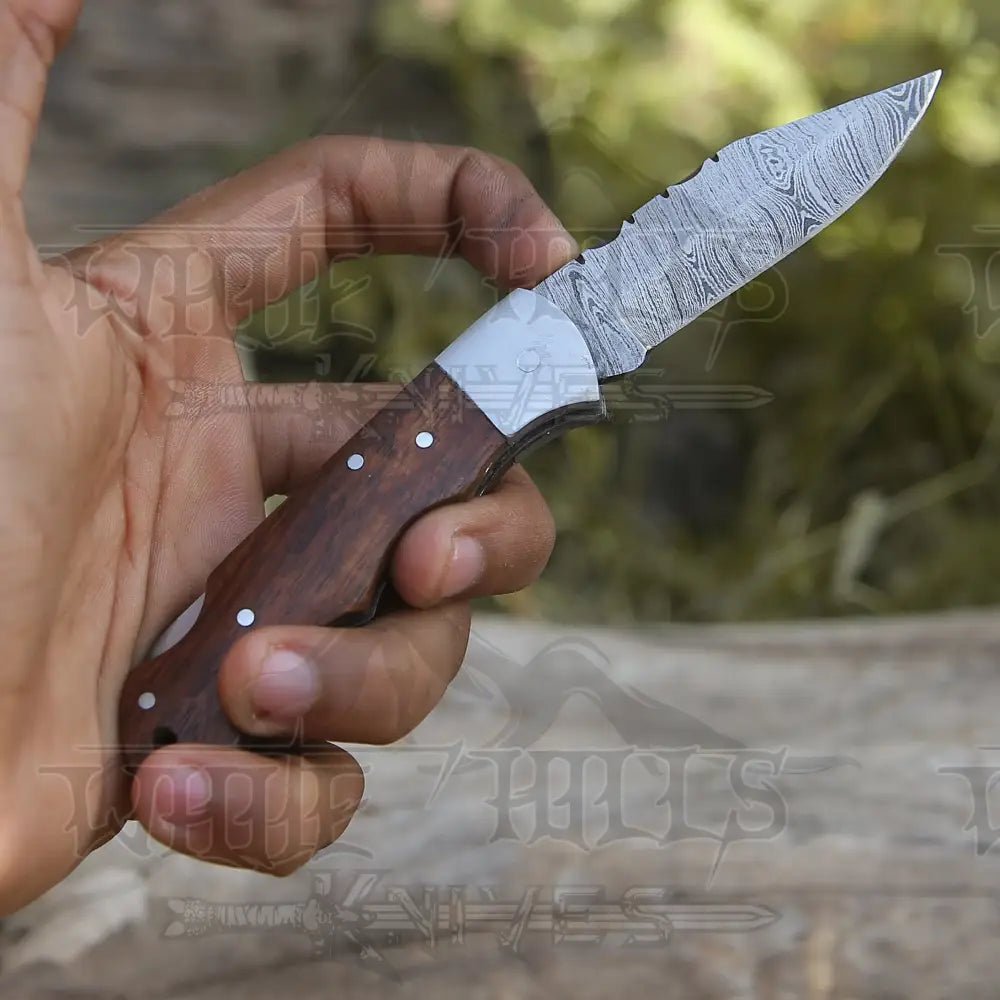 White Hills Knives Handmade Damascus Steel Hunting Pocket Knife Camping Folding Blade With Wood Handle WH 4381 - Angler's Pro Tackle & Outdoors