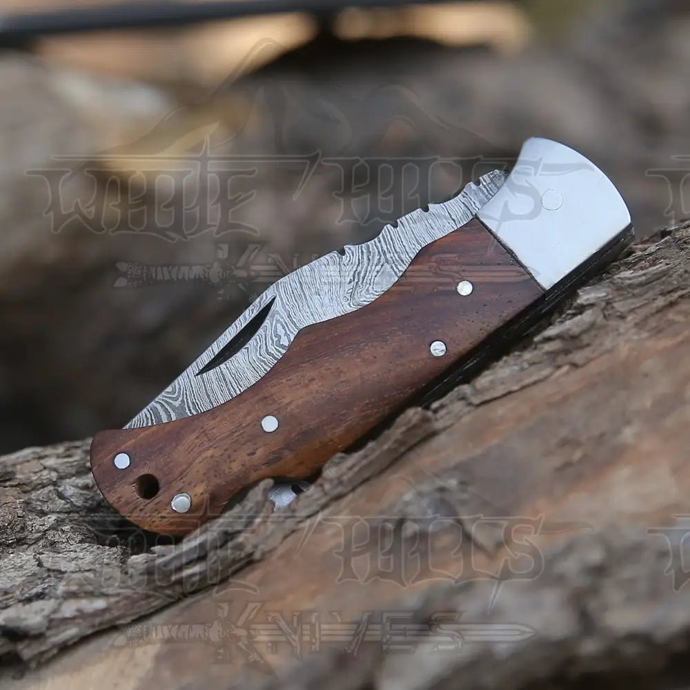 White Hills Knives Handmade Damascus Steel Hunting Pocket Knife Camping Folding Blade With Wood Handle WH 4381 - Angler's Pro Tackle & Outdoors