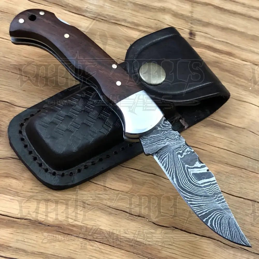 White Hills Knives Handmade Damascus Steel Hunting Pocket Knife Camping Folding Blade With Wood Handle WH 4381 - Angler's Pro Tackle & Outdoors