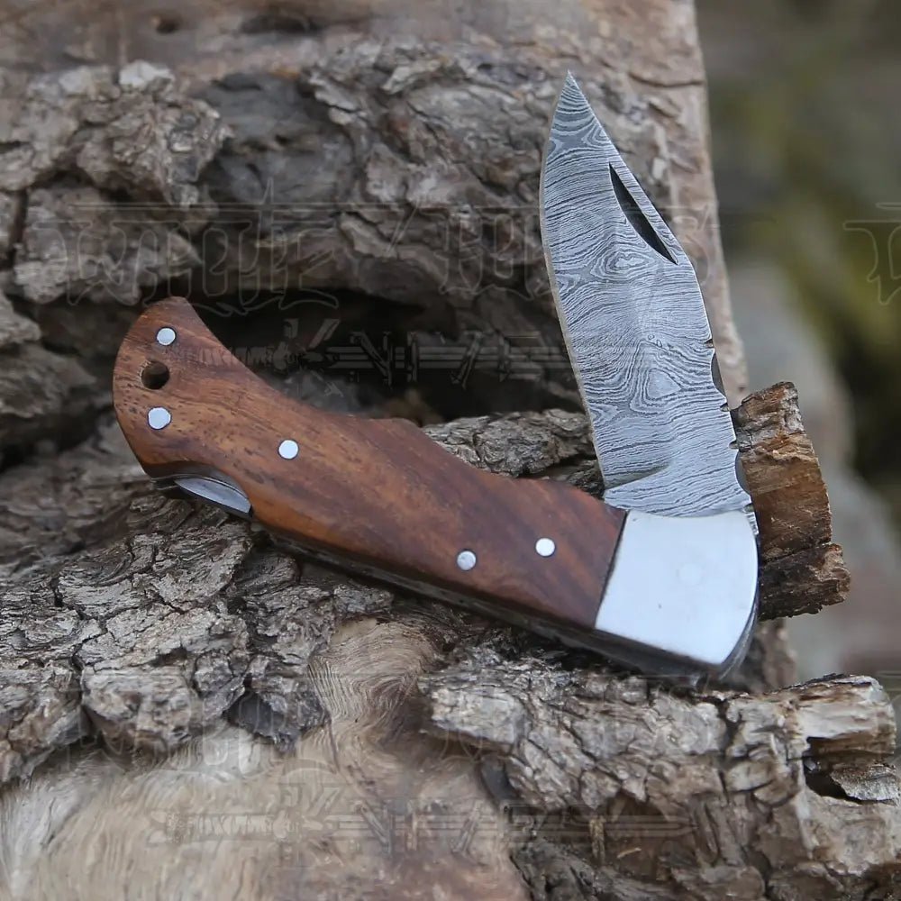White Hills Knives Handmade Damascus Steel Hunting Pocket Knife Camping Folding Blade With Wood Handle WH 4381 - Angler's Pro Tackle & Outdoors