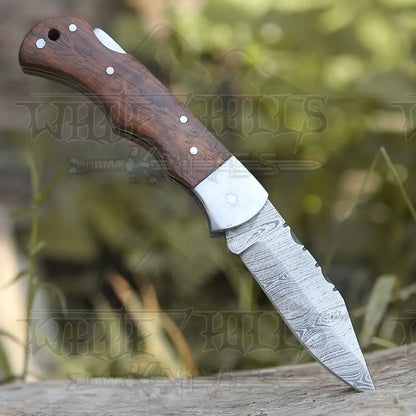 White Hills Knives Handmade Damascus Steel Hunting Pocket Knife Camping Folding Blade With Wood Handle WH 4381 - Angler's Pro Tackle & Outdoors