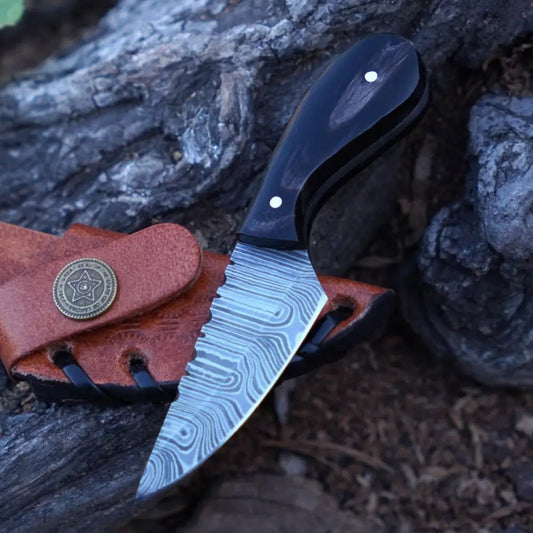 White Hills Knives Handmade Damascus Steel Knife - Buffalo Horn Handle - 5" Full Tang Hunting & Camping Knife - SK - 028 - Angler's Pro Tackle & Outdoors