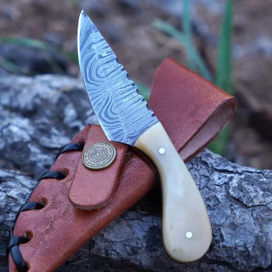White Hills Knives Handmade Damascus Steel Knife - Camel Bone Handle - 5" Full Tang Hunting & Camping Knife - SK - 032 - Angler's Pro Tackle & Outdoors